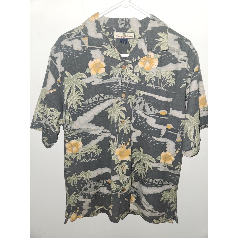 Tommy Bahama Men's  100% Silk Shirt Medium Grey Yellow Tropical